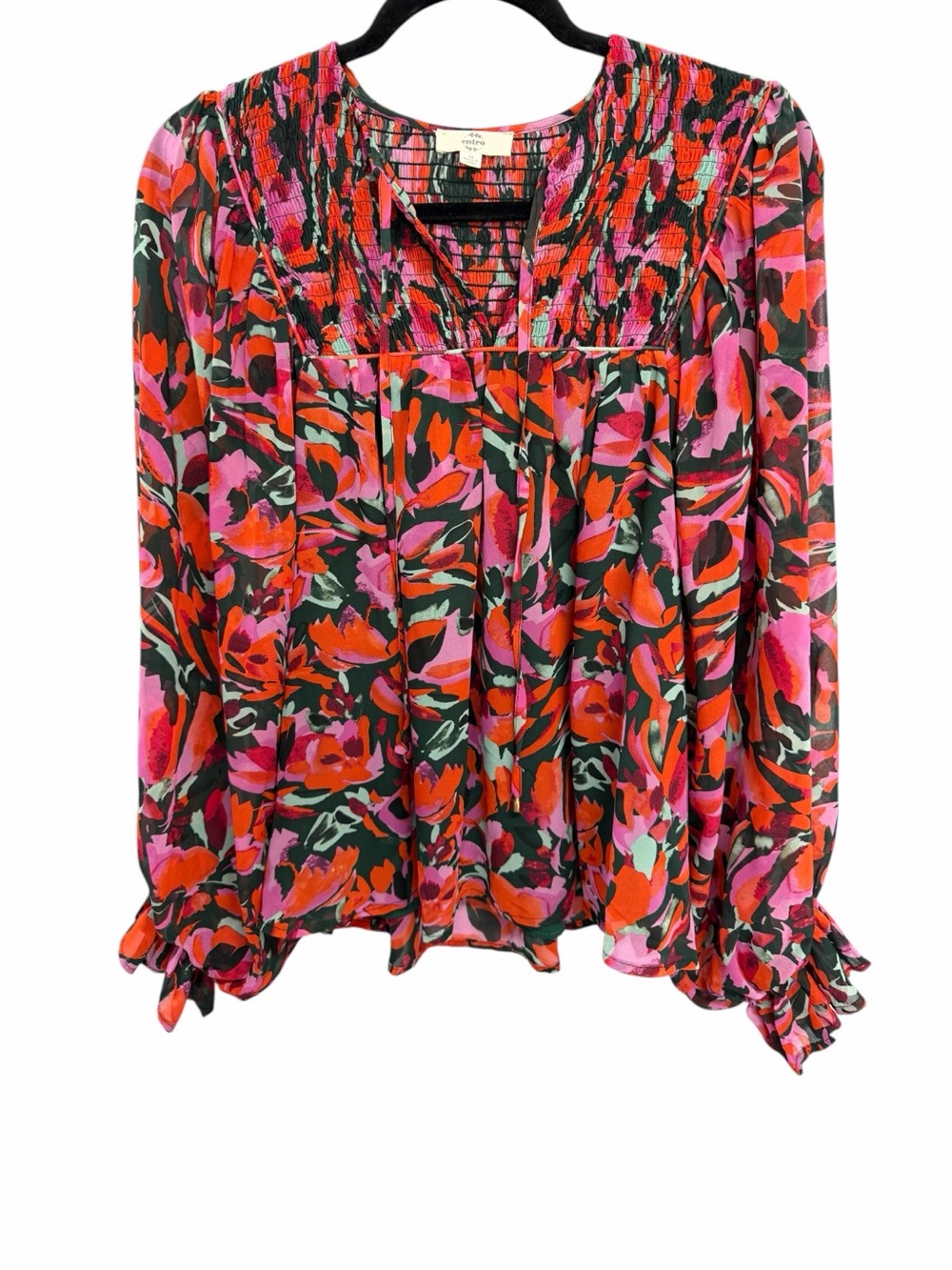Entro Smocked Yoke Long Sleeve Blouse Pink Red Floral Abstract Medium - Picture 10 of 10
